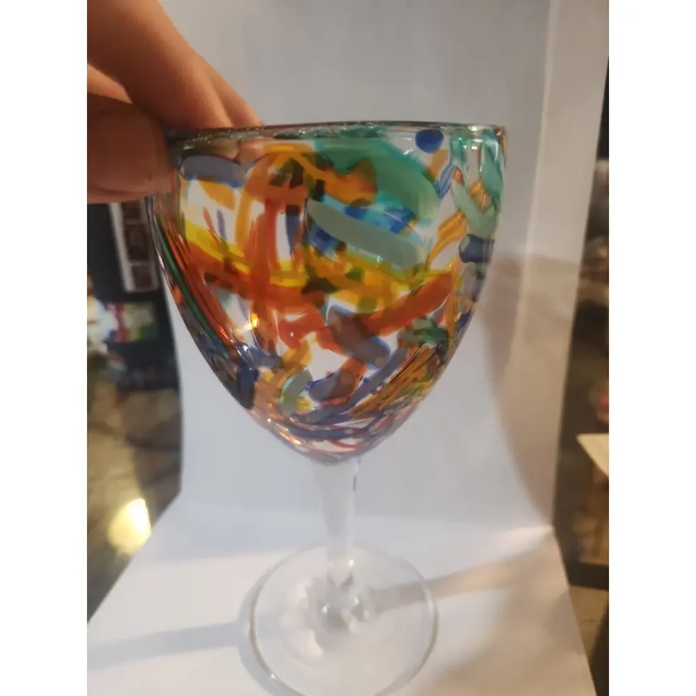Pier 1 Imports Confetti Wine Goblet Glass Splatter Art - Large 8”